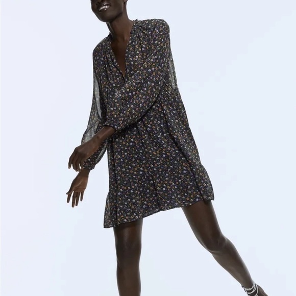 Zara Black Floral Long Sleeve Babydoll Mini Dress - Picture 8 of 10